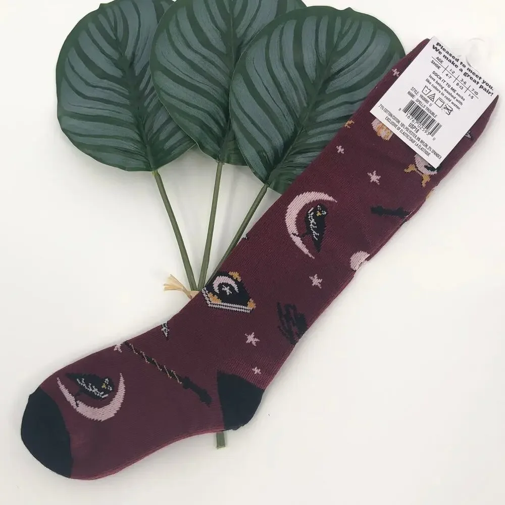 Sock It To Me Maroon Red Black Magic Hat Moon Spell Halloween Kids Knee Socks